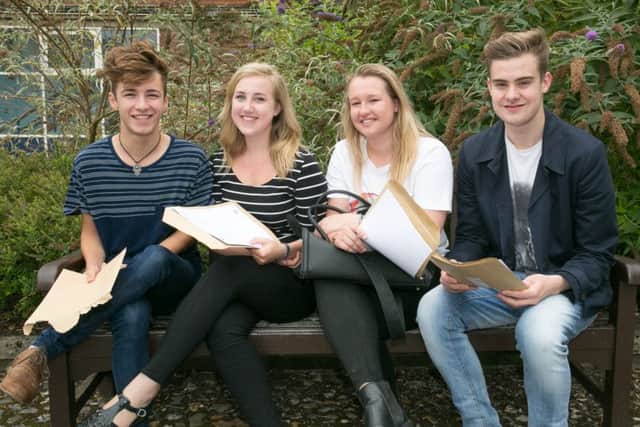 A- Level results from the Grange School. Students Harry Simmons, Chloe Bicknell, Libby Parker, Alex Wood