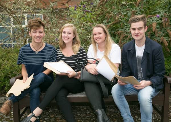 A- Level results from the Grange School. Students Harry Simmons, Chloe Bicknell, Libby Parker, Alex Wood