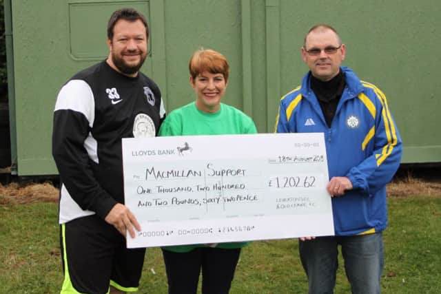 Two Boston Saturday League teams have handed over a cheque for £1,202.62 to Macmillan Cancer Support. Giles Elson, the chairman and manager of Leverton SFC, and Pete Orrey, chairman of Old Leake, handed the money to Sally Farman of the charity folowing a charity match held at Boston United's Jakemans Stadium. Andy Brown and Nathan Rippin scored as Leverton won 2-0.