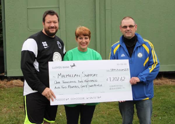 Two Boston Saturday League teams have handed over a cheque for £1,202.62 to Macmillan Cancer Support. Giles Elson, the chairman and manager of Leverton SFC, and Pete Orrey, chairman of Old Leake, handed the money to Sally Farman of the charity folowing a charity match held at Boston United's Jakemans Stadium. Andy Brown and Nathan Rippin scored as Leverton won 2-0.