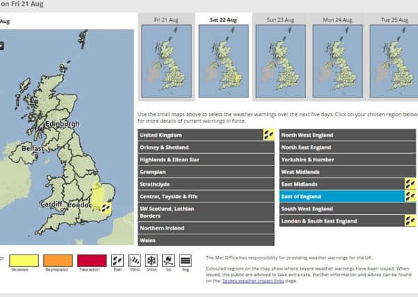 The Met Office have issued a weather warning for heavy rain on Saturday