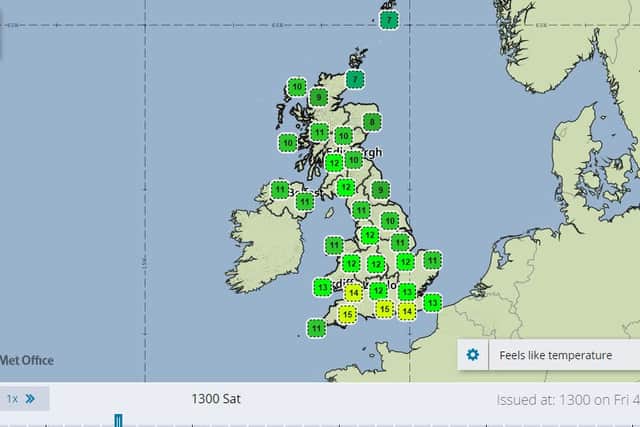 Feels like temperature forecast for 1pm on Saturday, 5 September. Image: Met Office