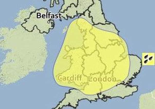 The warning area includes the East Midlands and parts of East Anglia