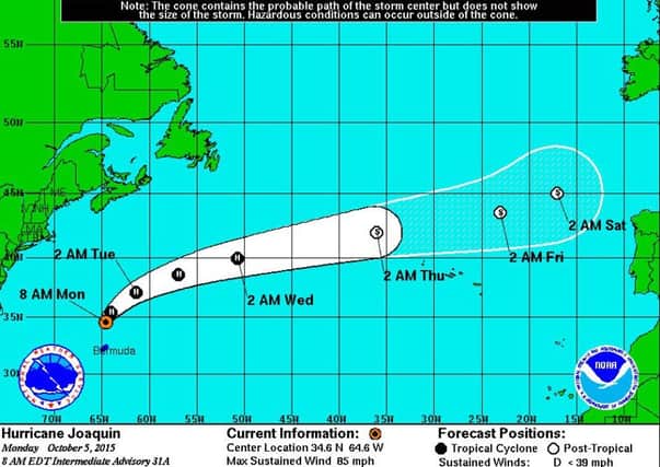 Map showing possible trajectory of Hurricane Joaquin as it cross the Atlantic this week. Image: US National Hurricane Center