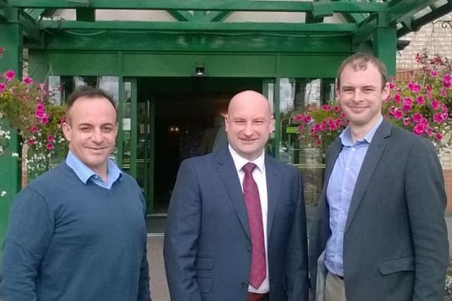Conservative candidate for Police and Crime Commissioner for Lincolnshire Marc Jones (centre) with Sleaford and North Hykeham MP Stephen Phillips (left) and Boston and Skegness MP Matt Warman. EMN-151010-180724001