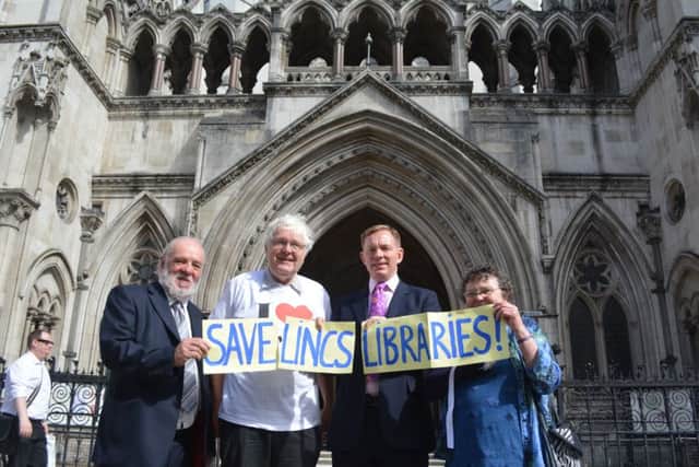 Library campaigners outside the High Court in London. From left, leader of the Labour group at Lincolnshire County Council John Hough, Labour county councillor for Deeping St James Phil Dilks, Labour's shadow minister for libraries Chris Bryant MP and Lesley Hough of Save Lincolnshire Libraries. EMN-150722-102523001
