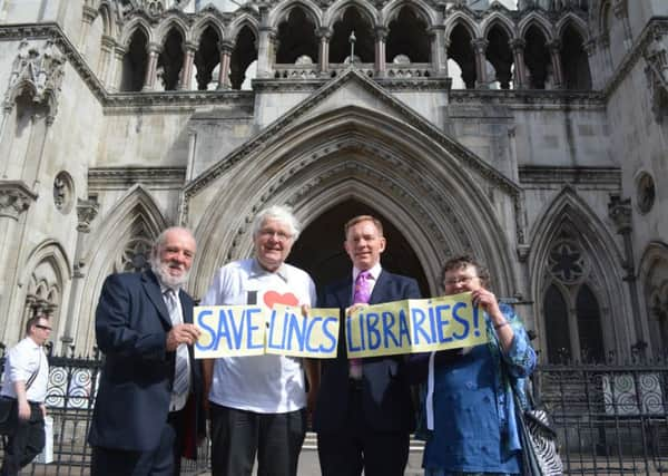 Library campaigners outside the High Court in London. From left, leader of the Labour group at Lincolnshire County Council John Hough, Labour county councillor for Deeping St James Phil Dilks, Labour's shadow minister for libraries Chris Bryant MP and Lesley Hough of Save Lincolnshire Libraries. EMN-150722-102523001