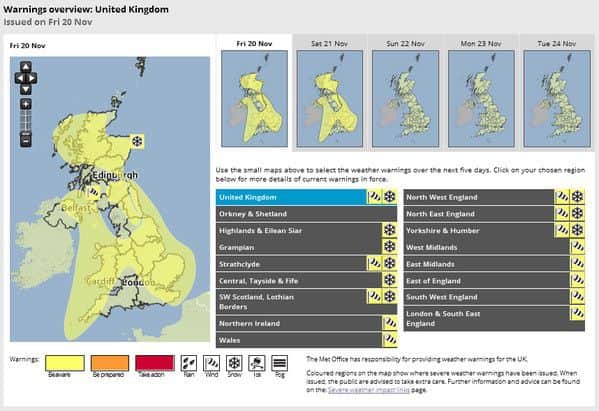 Met Office have issued a range of snow and wind warnings for this weekend
