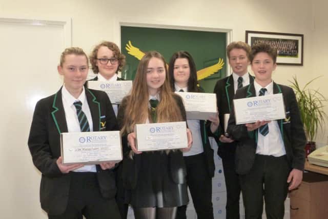 Bronnwyn Fitzpatrick,Benjamin Hartley, Detorri Edwards, Emily Clayton, Bradley Bownstill and Jacob Wright with some of the Rotary boxes at Caistor Yarborough Academy EMN-150212-172728001