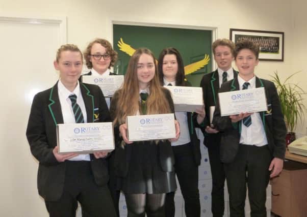 Bronnwyn Fitzpatrick,Benjamin Hartley, Detorri Edwards, Emily Clayton, Bradley Bownstill and Jacob Wright with some of the Rotary boxes at Caistor Yarborough Academy EMN-150212-172728001
