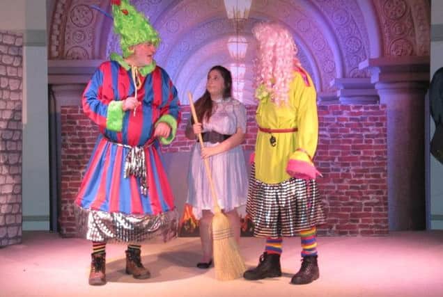 Richard Young and Peter Swann as the Ugly Sisters with Sophie Bullingham as Cinderella EMN-161201-065430001