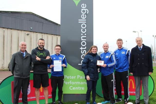 Pictured, from left, are Boston and District Saturday Football League vice-chairman David Ely, Peter Paine Performance Centre Supervisor and BCFC SupporterDamian Petts, Randles  BCFC Player and Boston College student Troy Randles, Sophie Barton, Ben Webb, College lecturer CRaig Gosling and Roger Gell, Boston League chairman.
