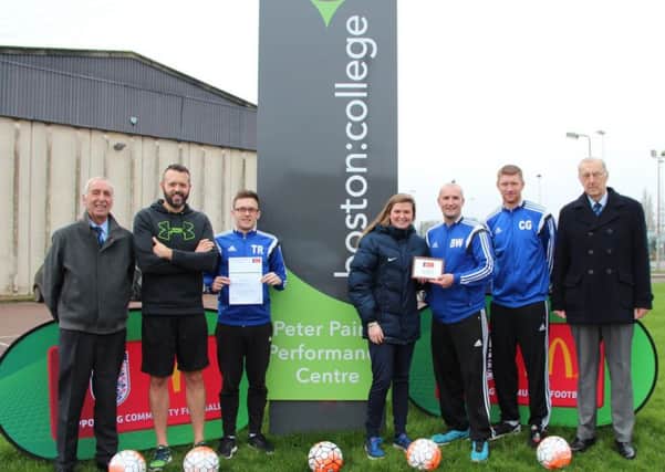 Pictured, from left, are Boston and District Saturday Football League vice-chairman David Ely, Peter Paine Performance Centre Supervisor and BCFC SupporterDamian Petts, Randles  BCFC Player and Boston College student Troy Randles, Sophie Barton, Ben Webb, College lecturer CRaig Gosling and Roger Gell, Boston League chairman.