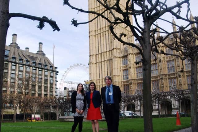 Leader reporter Chloe West and content editor John Fieldhouse pictured with MP for Louth and Horncastle, Victoria Atkins.