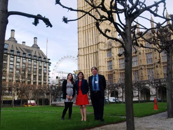 Leader reporter Chloe West and content editor John Fieldhouse pictured with MP for Louth and Horncastle, Victoria Atkins.