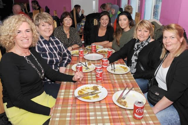 Boston Muslim Community celebrating birth of Prophet Mohammed, offering free food at Massala Zone and raising money for charity. L-R Sue Pogson, Kim Bills, Lynn Yarnold, Hazel O'Keefe, Lizzie Rowland, Michelle Stark, Stella Martin.