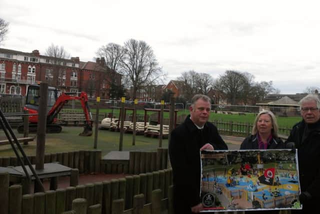 Work starts on the new play park in Tower Gardens, Skegness. Picture with the plans are Couns Steve Kirk, Susan Blackburn and Dick Edginton. ANL-160118-162004001