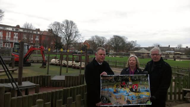Work starts on the new play park in Tower Gardens, Skegness. Picture with the plans are Couns Steve Kirk, Susan Blackburn and Dick Edginton. ANL-160118-162004001