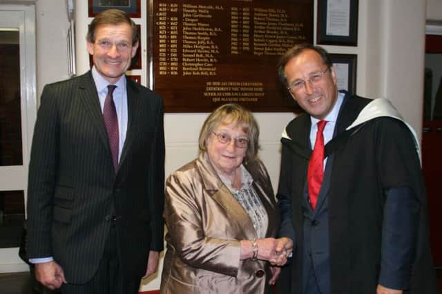 Retiring head master Roer Hale at last years school awards evening, with guest speaker Iby Knill and chair of governors John Colley, left,
