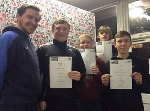 Pictured with their awards and Steve Rowe are Liam Wilson, James Dowse, Nathan Marsh and Joe Melson.