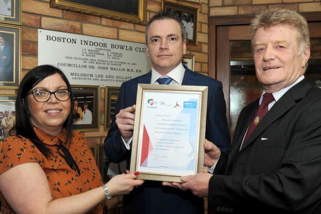 Boston Indoor Bowls Club receiving Clubmark Award. L-R Tanya Whitmore-Brown (club manager), Angus Drew (Lincolnshire Sport, Bowls Development Officer), Richard Toy (Vice Chairman).