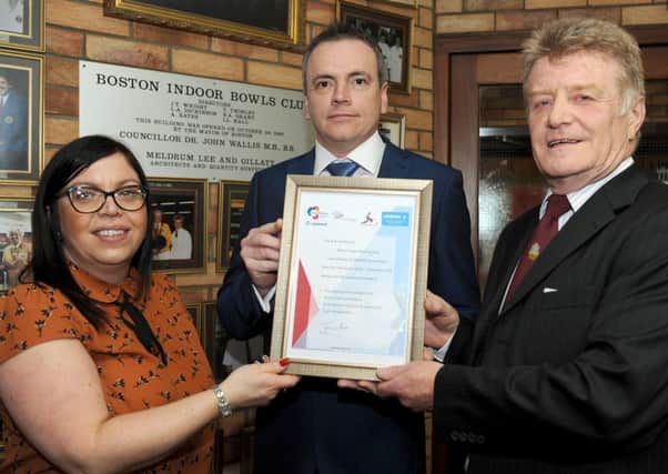 Boston Indoor Bowls Club receiving Clubmark Award. L-R Tanya Whitmore-Brown (club manager), Angus Drew (Lincolnshire Sport, Bowls Development Officer), Richard Toy (Vice Chairman).