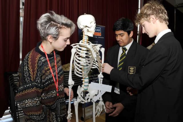 Chambers Career Fair at Boston Grammar School. L-R Olive Summerfield - Boston College science student with Shami Bhatti 16 and Freddie Carr 16 naming bones on Rodney the skellington.
