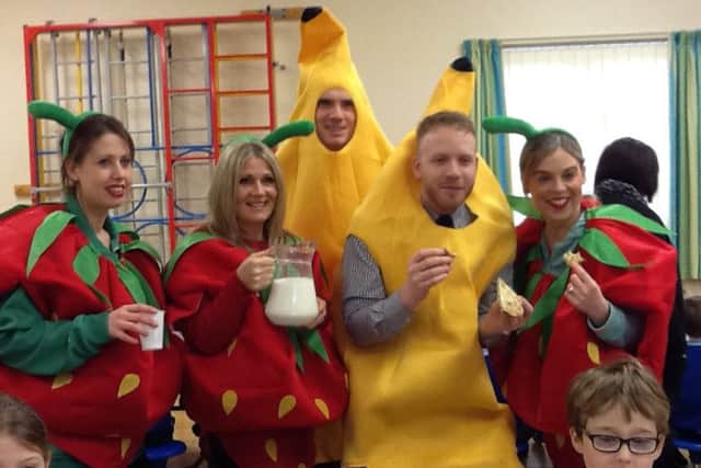 Staff at Tedder Primary School dressed as fruit for the school's healthy eating week