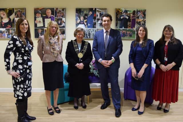 From left, Lisa Smith, SEND Manager, Grantham College; Linda Houtby, CEO, Grantham College, Jacky Smith, Mayor of Grantham, Edward Timpson, Minister for Children and Families, Therese Lord, Chair of Lincolnshire Parent Carer Form, Louise Cooper, joint Manager Day Break.