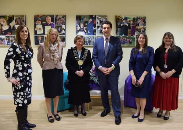 From left, Lisa Smith, SEND Manager, Grantham College; Linda Houtby, CEO, Grantham College, Jacky Smith, Mayor of Grantham, Edward Timpson, Minister for Children and Families, Therese Lord, Chair of Lincolnshire Parent Carer Form, Louise Cooper, joint Manager Day Break.
