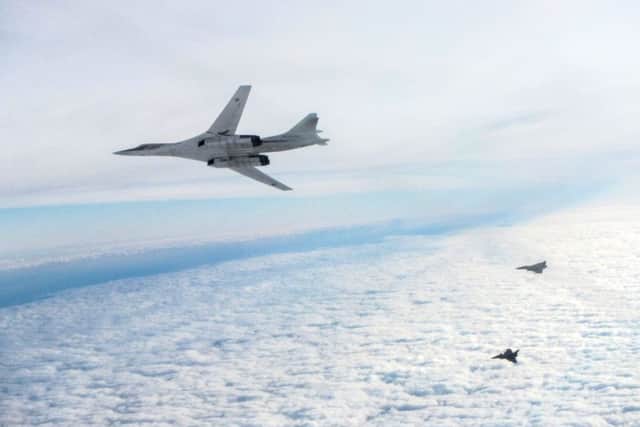 Image of a Russian TU-160 Blackjack aircraft, with two French Rafale aircraft seen in the background.
On 17th February 2016, RAF Typhoon aircraft of were scrambled from RAF Coningsby to intercept two Russian TU-160 Blackjack aircraft.
MoD/Crown copyright 2016
