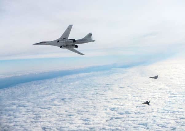 Image of a Russian TU-160 Blackjack aircraft, with two French Rafale aircraft seen in the background. 

On 17th February 2016, RAF Typhoon aircraft of were scrambled from RAF Coningsby to intercept two Russian TU-160 Blackjack aircraft.
MoD/Crown copyright 2016