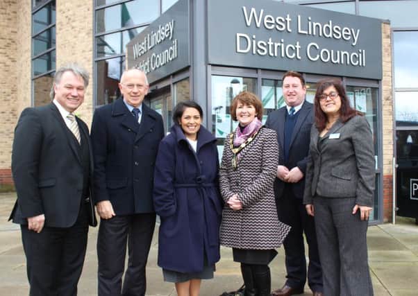 Employment Minister Priti  Patel , centre left, with Director of Resources Ian Knowles; Coun Jeff Summers leader of West Lindsey District Council; Chairman of West Lindsey District Council Coun Angela Lawrence; Coun Giles McNeill and
Chief Executive of West Lindsey District Council, Manjeet Gill EMN-160403-161118001