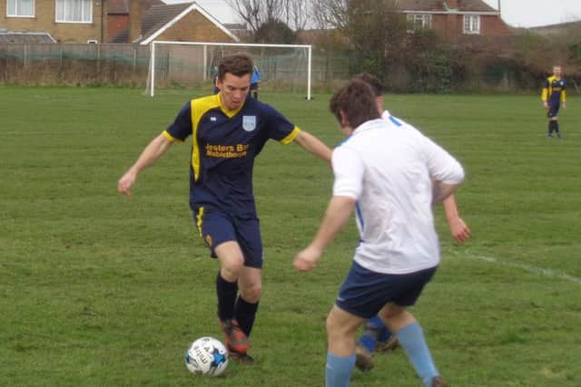 Danny Marshall on the ball for Mablethorpe Athletic againsy Horton le Clay EMN-160229-154002002