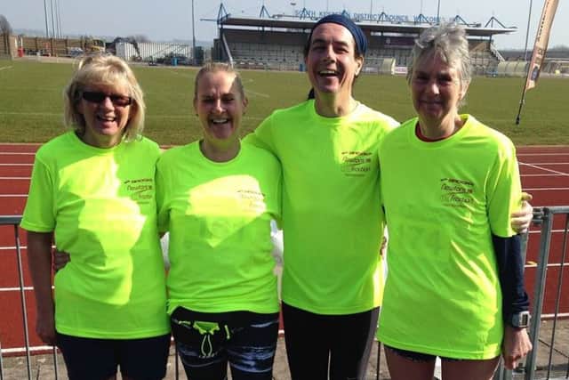 Mablethorpe RC finishers at the Newton's Fraction, from left, Debbie Jinks, Andrea Mettam and Roger Blake with Viv Martin from Sutton-on-Sea. EMN-160314-170941002