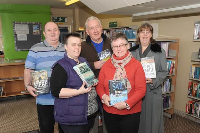 Donington Library re-opens. Volunteers L-R Chris Burton, Anna Jones, Martin Mills, Ann Seymour, Jill Fearn.