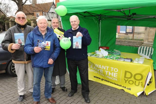 Grass Roots Out stall in Sleaford Market Place, by EU exit campaigners. L-R Rodger William Doughty, John Dilks - chairman of Sleaford and North Hykeham UKIP, David Turgoose, Harry Baker. EMN-160322-100900001