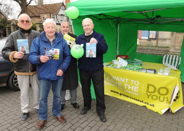 Grass Roots Out stall in Sleaford Market Place, by EU exit campaigners. L-R Rodger William Doughty, John Dilks - chairman of Sleaford and North Hykeham UKIP, David Turgoose, Harry Baker. EMN-160322-100900001
