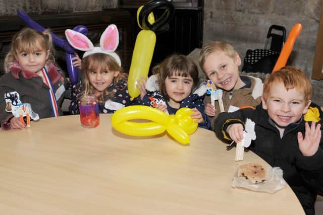Explore Easter Crafts and Food event at St Denys Church, Sleaford. L-R Eliza Hughes 3, Ruby Hughes 5, Aimee Collishaw 3, Liam Jackson 7, Ronnie Scrivener 3. EMN-160325-121809001