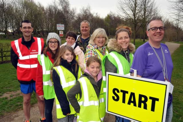 Volunteers before start - back Richard Eggleton, Kerry Bennett, Run Director Andy Welch, Judith Jain, Emma Holland, event director Bob Bailey, front Abigale Eggleton, Erin Bennett, Lilly Holland ANL-160204-132122001