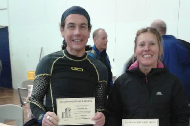 Roger Blake and Paula Downing after completing the Charnwood Marathon EMN-160324-133220002