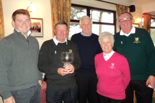 From left, junior captain Luke Parkinson, winning captain Les Brumpton, Des Cawsey, ladies captain Helen Grinham, seniors captain Alun Jones EMN-160328-120227002