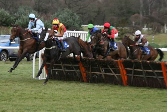Runners take a fence in the Sue is 60 Handicap Hurdle. EMN-160329-085543002