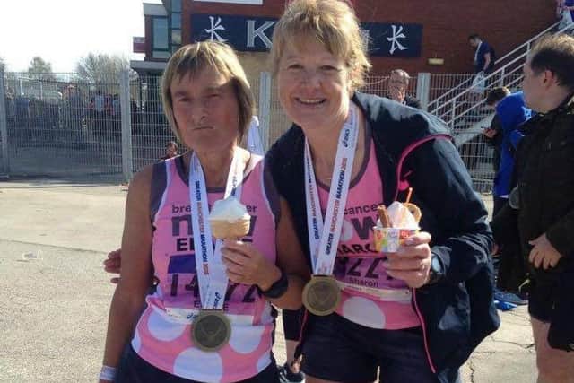 Elaine Wilson and Sharon Wheatley-Margarson at the Greater Manchester Marathon EMN-161104-173346002