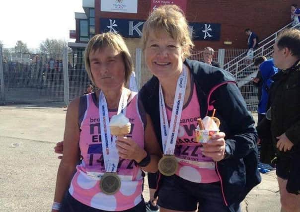 Elaine Wilson and Sharon Wheatley-Margarson at the Greater Manchester Marathon EMN-161104-173346002