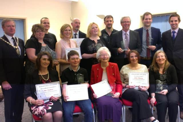 The winners of Sleaford Town Awards 2016 with Mayor Garry Titmus and Standard Editor Stephen Stray. EMN-160804-153212001