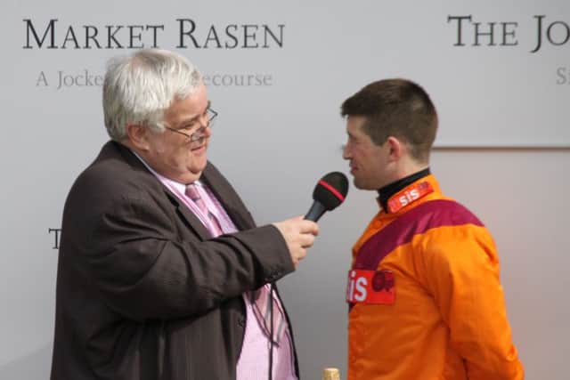 Jockey Richard Dunne relives his third place in Saturdays Grand National to Market Rasen Racecourse presenter Mike Vince. EMN-161104-113147002