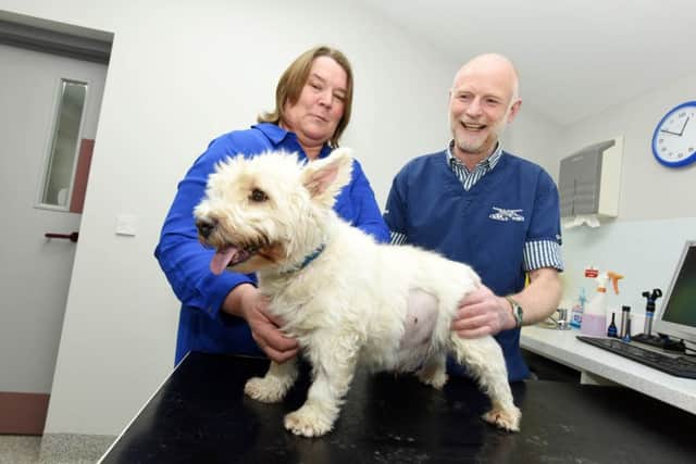 Eastfield Clinical Director Mike Jeffreson, Sam the West Highland Terrier, and his owner Mrs Christine Grest.