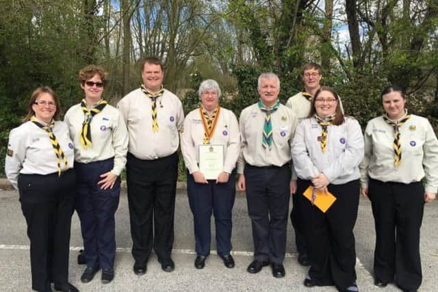 Pictured (from left): Alison O'Hara, Jacqui Lawson, Simon Lawson, Sheila Oxby, Ian Kingdom (district commisioner), John Hanwell , Tracey Everatt, and Kirsty Thompson.