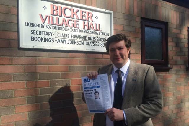 Andrew Lewer MEP outside Bicker Village Hall.